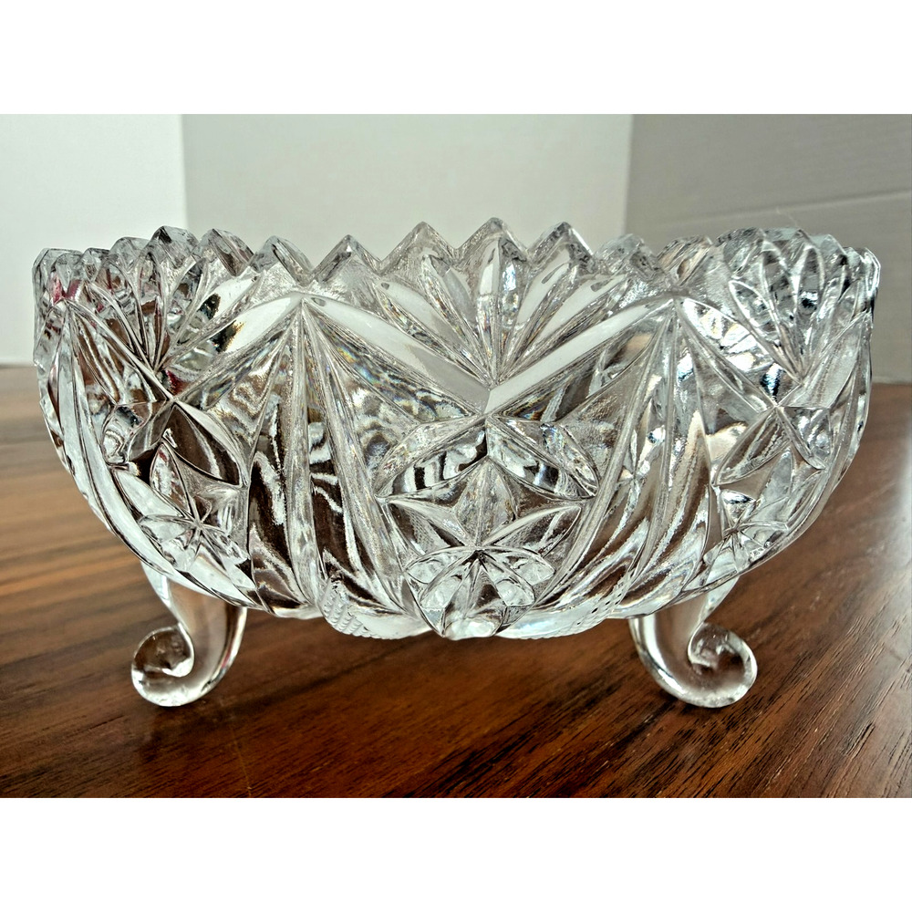 Crystal Saw Tooth Rim 3 Footed Vintage Glass Etch Diamond Flower Bowl American?